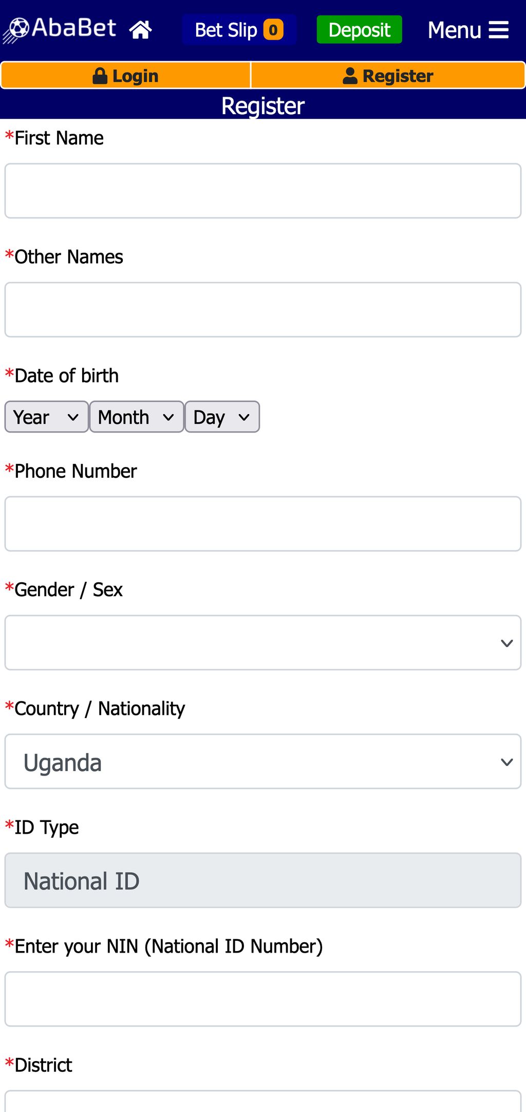 Ababet registration page
