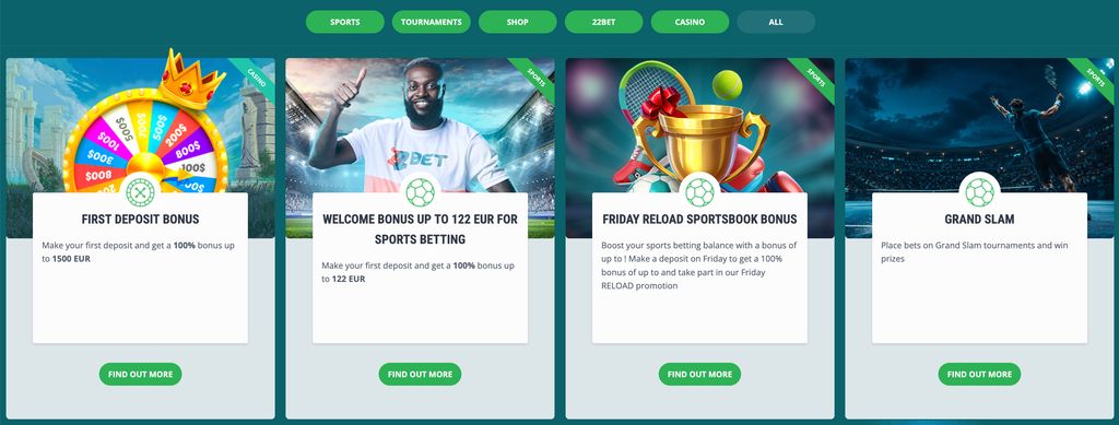 22Bet bonus page with welcome offers for sports and casino players