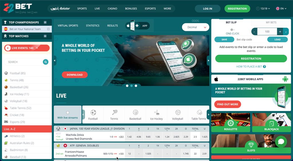 22Bet homepage with the mobile app download section for Android and iOS