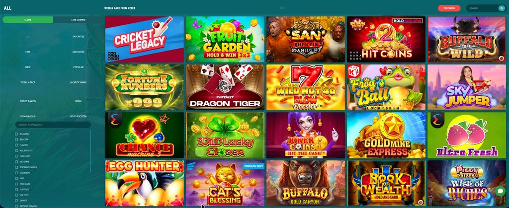 Slots section at 22Bet with game thumbnails and provider filters
