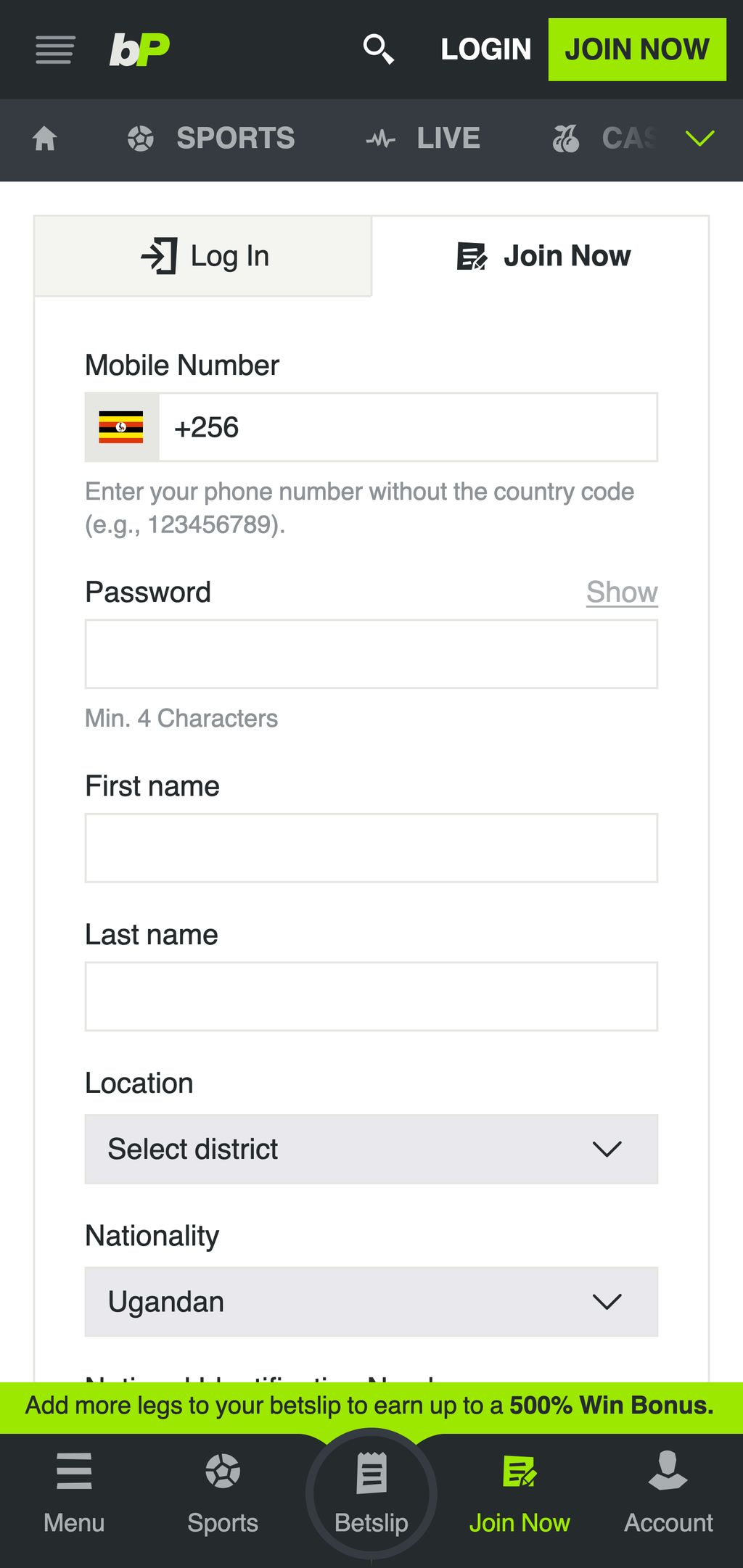 betPawa.ug sign-up page