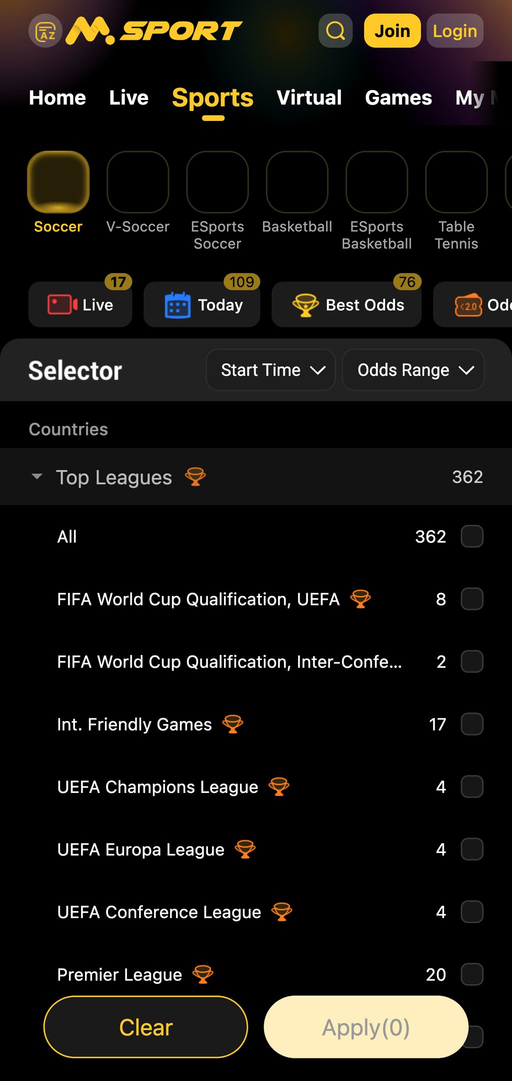 MSport sports betting page