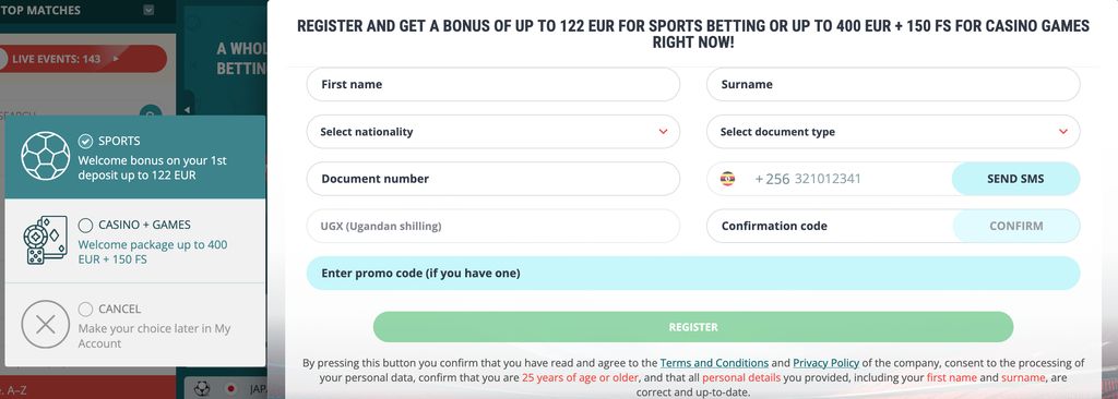 Registration form at 22Bet with personal details, phone verification, and bonus selection