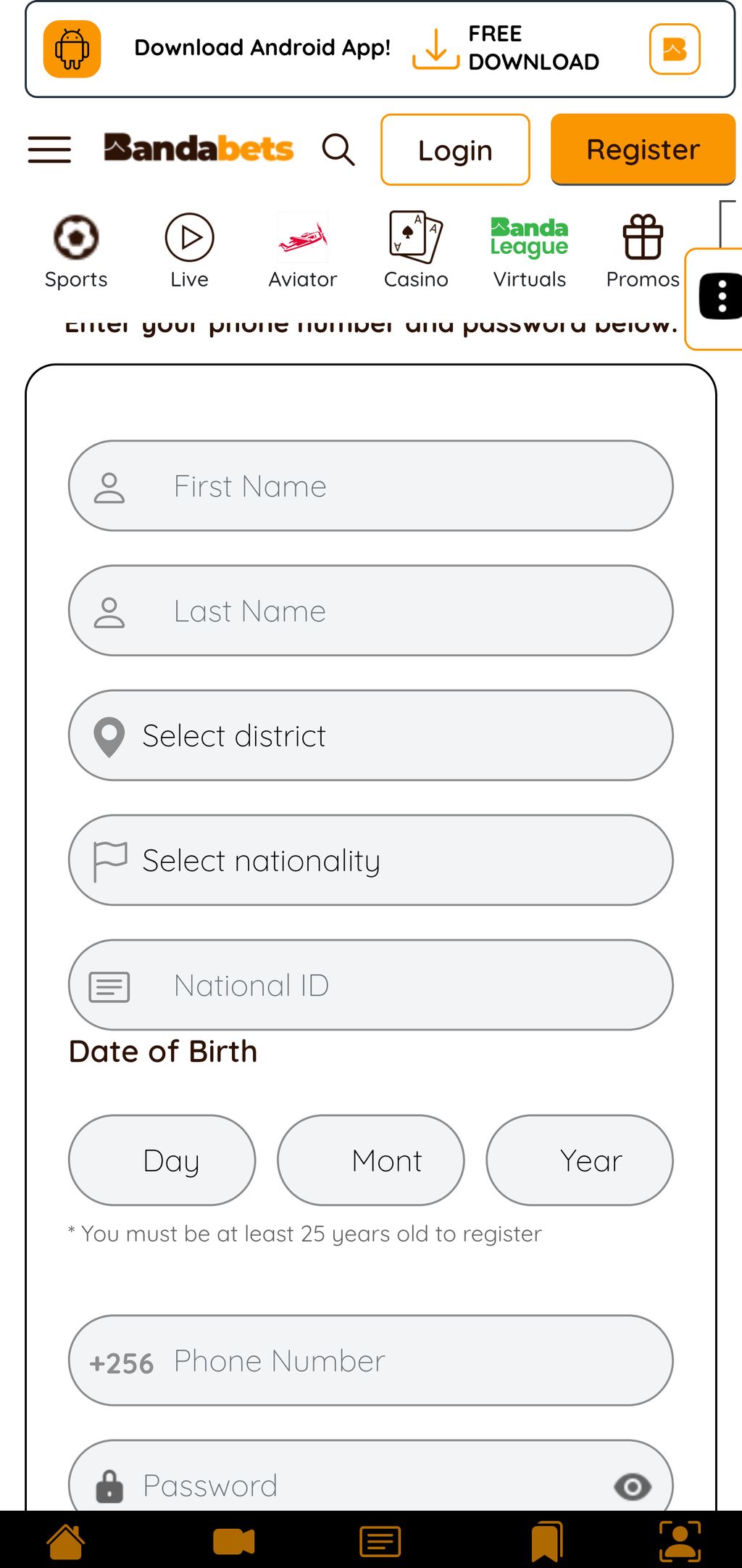 BandaBets registration