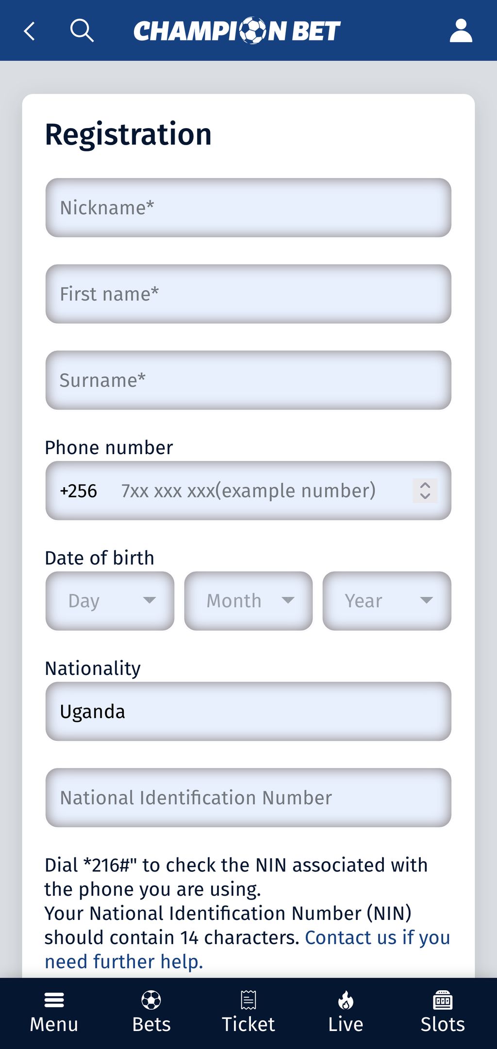 Champion Bet registration page